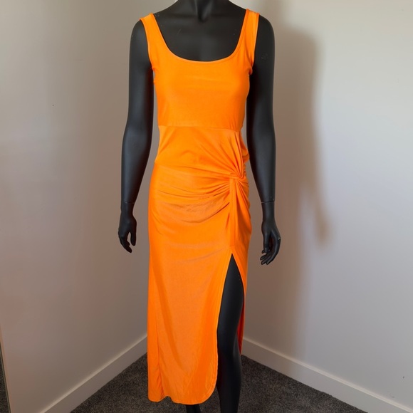 Micas Bright Orange Ruched Cutout Midi Dress – Size S – NWT - Picture 1 of 5